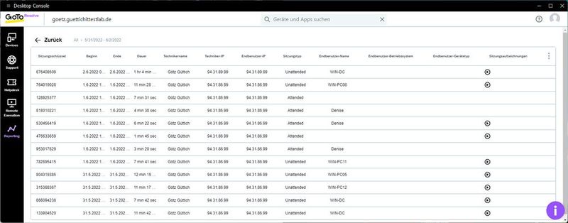 Es steht auch eine Listenübersicht über die Sitzungen bereit. Am rechten Rand können die Verantwortlichen die Sitzungsaufzeichnungen abrufen. (Bild: GoTo / Güttich / IT-Testlab)