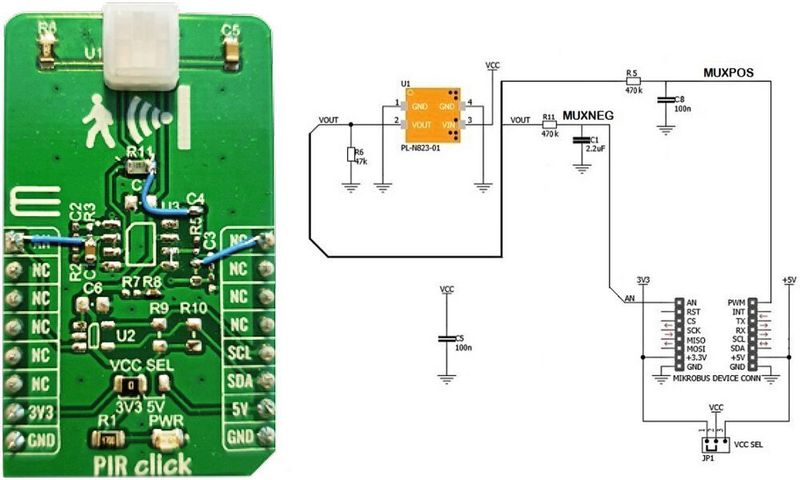 Bild 3: Geänderter PIR-Click und Schaltplan. (Microchip)