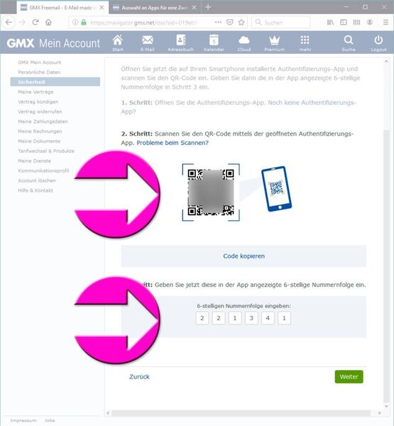 Nach einem Klick auf „Weiter“ kommt die OTP-App für iOS oder Android zum Zug. Ist diese installiert, scannen Nutzer einen damit einen QR-Code vom Bildschirm und geben erstmals eine 6-stellige Nummernfolge ein. (Screenshot (gmx.de))