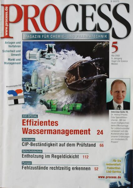 Mai 2002   Top Themen:  - Effizientes Wassermanagement - CIP-Beständigkeit auf dem Prüfstand - Entholzung im Regeldickicht - Fehlzustände rechtzeitig erkennen (Bild: PROCESS)