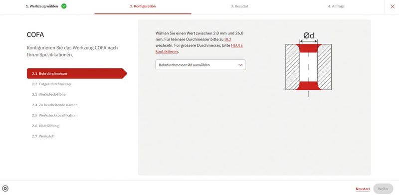In diesem Abschnitt des «Tool Selectors» gibt der Anwender die für die Anwendung erforderlichen Daten ein. Die abgefragten Daten beziehen sich genau auf die notwendigen Parameter, um die perfekt abgestimmte Entgratlösung zu evaluieren. (Bild: Heule)