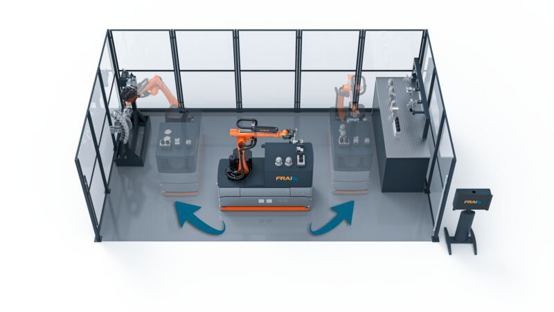 Hier noch virtuell, aber auf der AMB in Echt bei WFL zu erleben, ist das Ein- und Auswechseln von Werkzeugen und Werkstücken mit einem mobilen Roboter (fahrerloses Trasportfahrzeug respektive FTF). (Bild: WFL)