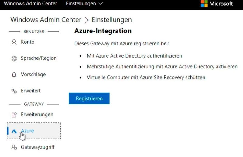 Das Windows Admin Center ermöglicht die Anbindung an Microsoft Azure. So lassen sich Funktionen aus Hyper-V 2019 mit Azure verknüpfen. (Joos / Microsoft)