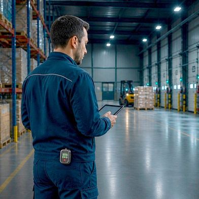 Dieser Mitarbeiter einer Firma gehört zur Spezies der Alleinarbeiter. Manchmal kann es entspannend sein, quasi sein eigener Herr zu sein, doch was ist, wenn ein Notfall vorliegt. Dann retten etwa Totmannschalter von Almas Industries (hier am Gürtel befestigt) Leben ... (Bild: Almas Industries)