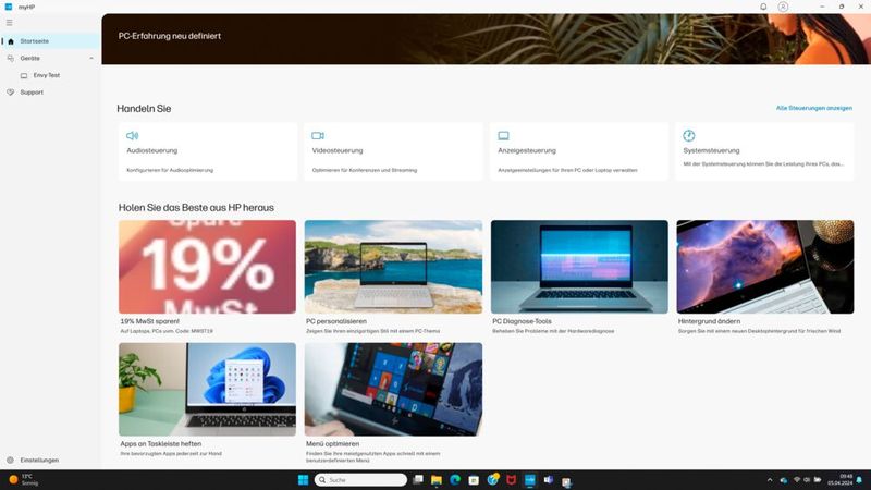 Die Software MyHP ist ein zentraler Einstiegspunkt für Heimwender, wenn es um die Anpassung von Hardware und Betriebssystem sowie die Diagnose des Rechners geht.  (Bild: Vogel IT-Medien)