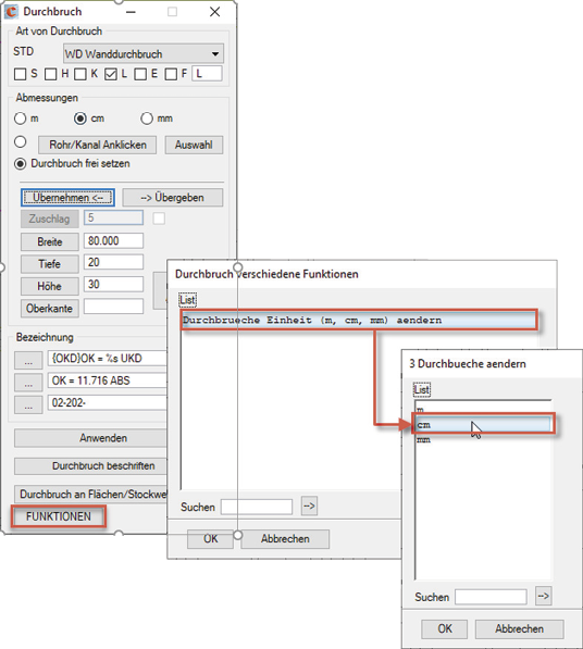 (Änderung der Einheit zum Abmessen der Durchbrüche. Bild: LuArtX IT)