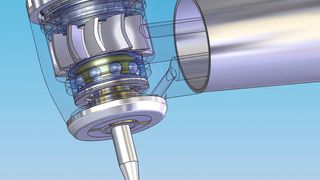 Dentalturbinenkopf mit Rotor, Rotorwelle, Kugellagern und Bohrwerkzeug. (Bild: Uiker Antriebselemente AG)