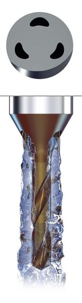 Der «CrazyDrill Titanium TK» verfügt über die patentierte, im Schaft integrierte Kühlung, die es ermöglicht, den Bohrer direkt und massiv in der Schnittzone mit Kühlmittel zu versorgen (Bild: Mikron Tool)