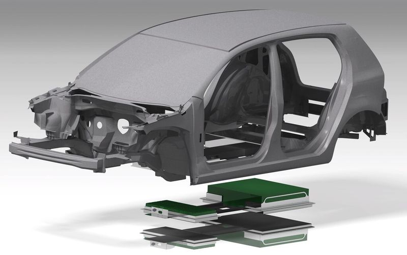 Das Bild zeigt die Konzeptstudie einer leichtbauoptimierten Fahrzeugkarosserie der C-Klasse mit integriertem Energiespeichersystem. (Bild: Fraunhofer LBF)