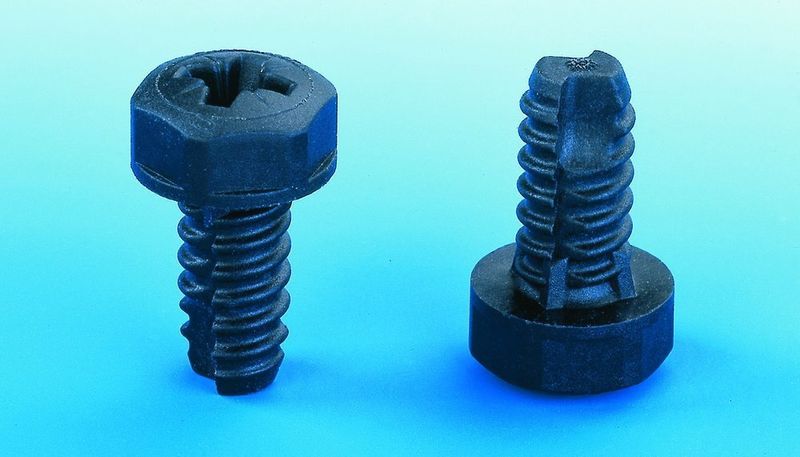 6 Gewindeformende Schrauben aus Kunststoff: Da Direktverschraubungen mit metallischen Schrauben bei dynamischer, schwingender und thermischer Bauteilbelastung zu Festsitzproblemen führen können, lassen sich Kunststoffbauteile auch mit Schrauben aus Kunststoff verbinden. (Archiv: Vogel Business Media)
