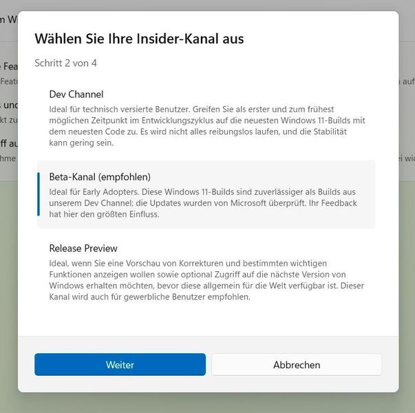 Installieren von Windows Insider-Previews in Windows 11. (Joos)