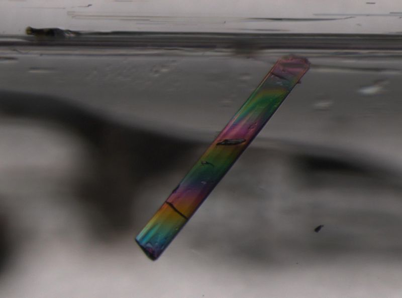 Einschluss eines Turmalinkristalls in Aquamarin (Varietät von Beryll). Fundort: Nordpakistan. Die Interferenzfarben der Turmalinnadel werden durch die Polarisation des Lichts erzeugt. Bildbreite: ca. 1.5 mm, Durchlicht, einfach polarisiertes Licht, Leica MZ16 Stereomikroskop (Michael Hügi, Schweizerisches Gemmologisches Institut)