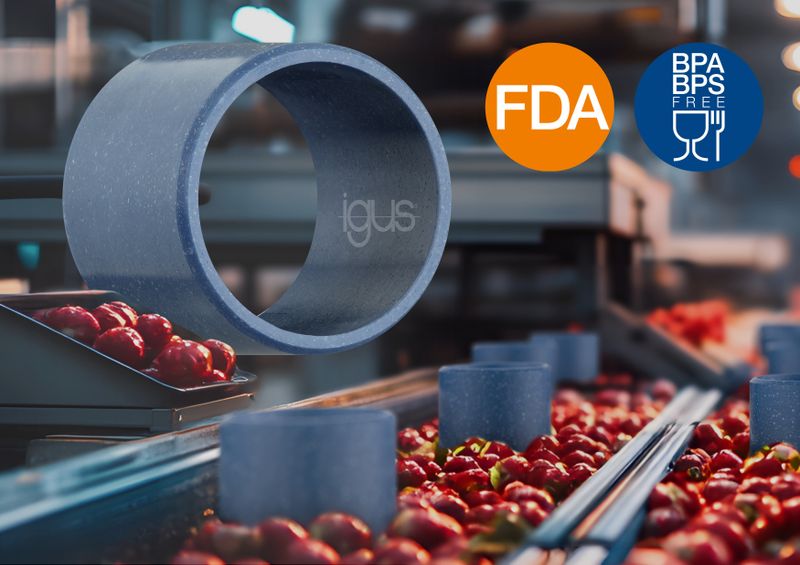 Iglidur A351 ist ein neues Bisphenol-freies und FDA-konformes Material. Es darf in Kontakt mit Lebensmitteln kommen, kann auf bis zu 180 Grad Celsius erhitzt werden ist beständig gegen Reinigungsmittel.  (Bild: Igus)