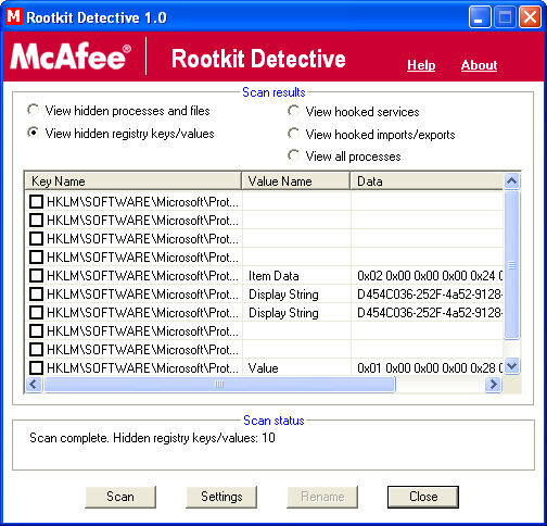 McAfee Rootkit Detective sucht in Windows nach verdächtigen Prozessen und Registry-Einträgen. (Archiv: Vogel Business Media)