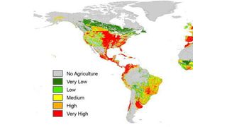 Globale Risikokarte durch den Eintrag von Insektiziden in Fließgewässern (Ausschnitt). (Quelle: Environmental Pollution/ Elsevier)