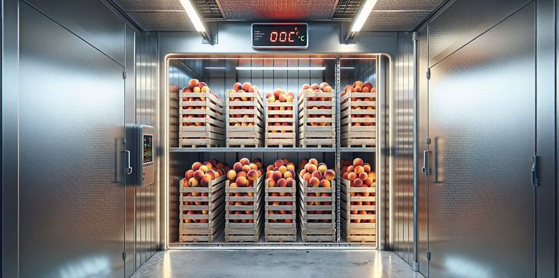 Afb. 1: Perziken behoren tot de klimacterische vruchten, d.w.z. ze rijpen na de oogst verder. De aanbevolen bewaartemperatuur is 0 °C; anders bestaat het risico op koudebeschadiging (Engels: Chilling Injuries, CI). (Symbolische afbeelding)(Afbeelding: Dall-E / door AI gegenereerd)