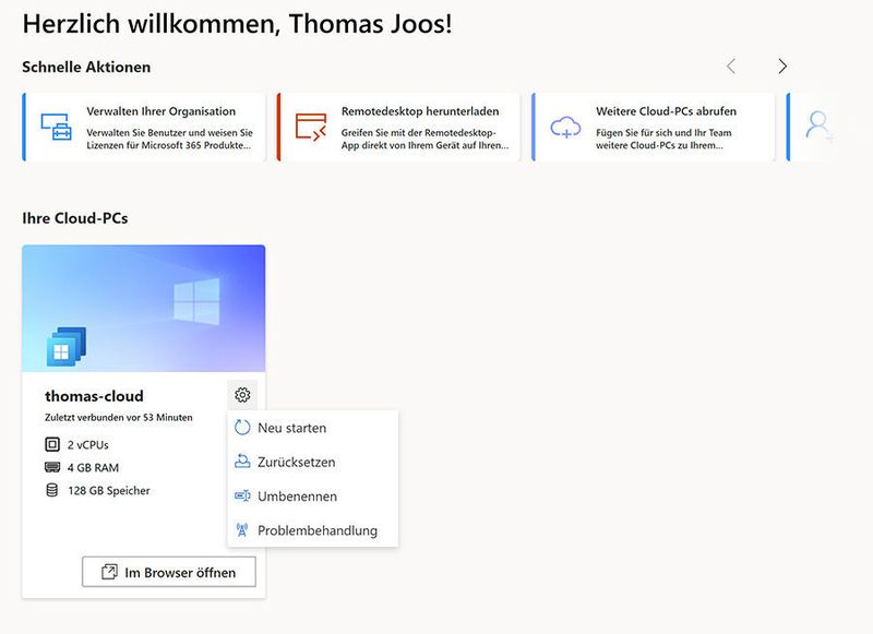 Nach der fertigen Einrichtung von Windows 365 lässt sich der virtuelle PC über die Webseite neu starten und bei Problemen zurücksetzen. (Joos)