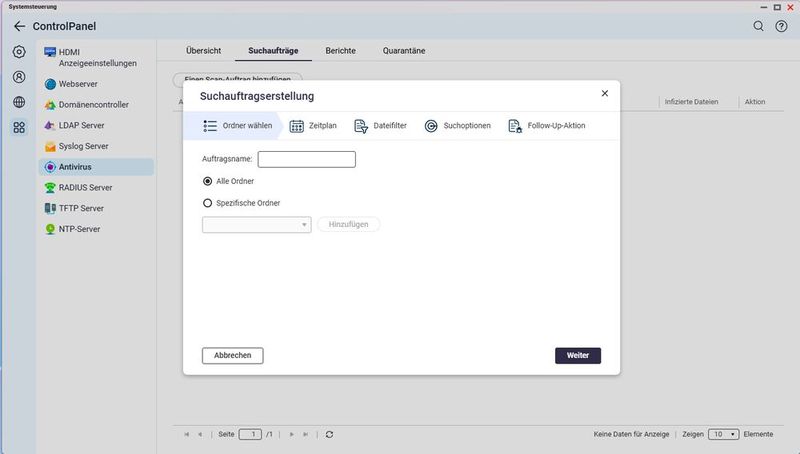 Die Suchauftragserstellung führt über fünf Reiter durch Ordnerwahl, Zeitplan, Dateifilter, Suchoptionen und Follow-Up-Aktion bis zum fertigen Scan-Auftrag. (Bild: Joos)