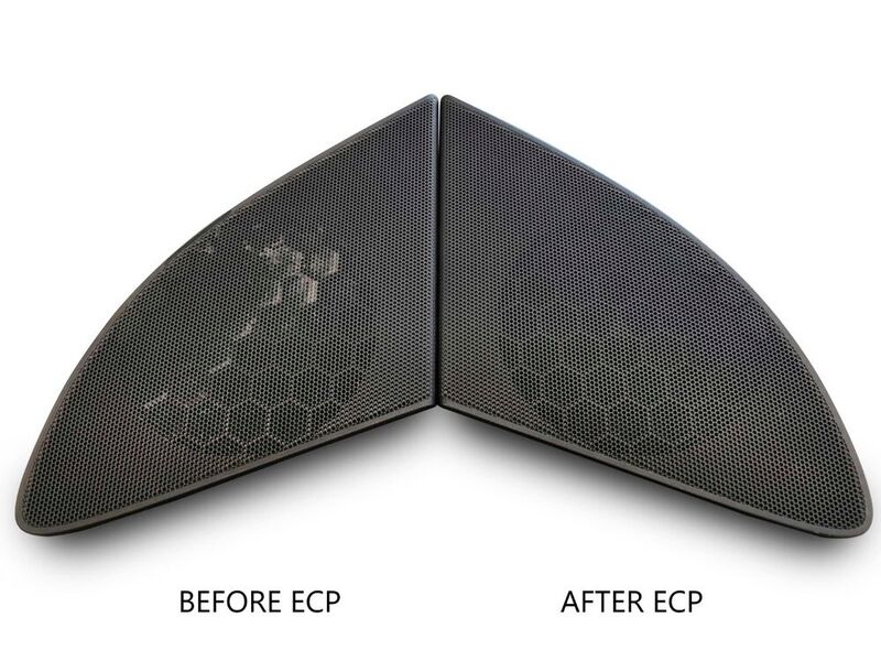 One of the company’s projects was for a loudspeaker cover full of small holes made by EDM. The results achieved with ECP can be seen on the right side.