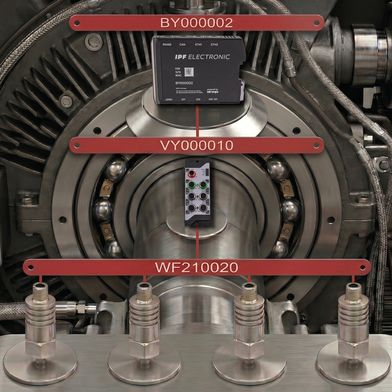 Ein Schwingungssensor liefert alle relevanten Daten einer Abfragestelle. Der Schwingungssensor WF210020 in Kombination mit dem IIoT-Gateway BY000002 und dem IO-Link-Master VY000010.  (Bild: IPF - KI-generiert)