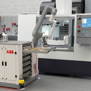 Die standardisierte Maschinenbeschickungszelle kombiniert den ABB-Cobot Gofa 12 mit einer benutzerfreundlichen Software zu einer kompakten Lösung, die eine schnelle Installation und einfache Nutzung erlaubt. (Bild:  ABB)