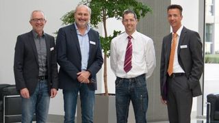 Das TDM-Team von GROB aus Mindelheim (v.l.n.r.): Georg Wilbiller,  TDM-Administrator, Günther Frühschütz, Leiter Werkzeugmanagement, Markus Frank, Leiter Fertigungssupport und Jens Schuster, Gebietsverkaufsleiter TDM Systems. (TDM Systems)