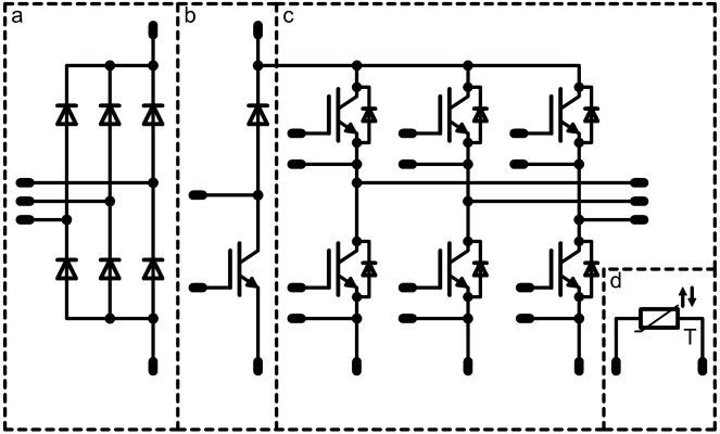 Bild 2: Beispiel einer PIM-Topologie (a = Gleichrichter, b = Brems-Chopper, c = Wechselrichter und d = Temparatursensor). (Bild: Vincotech)
