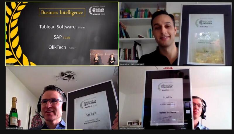 In der Kategorie Business Intelligence gewinnt Tableau Software, vertreten durch Matthias Saltenberger, Platin. Ramin Mirza von SAP nahm den Award in Gold entgegen. Silber gewinnt Qlik, verreten durch Matthias Herkommer. (Vogel IT-Medien)