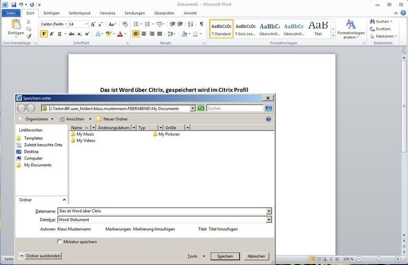 Abbildung 14: Citrix – Jeder Anwender erhält ein Profil, in dem er seine Dokumente verwalten kann. Das Profilverzeichnis befindet sich hier auf dem Citrix-Server. Insgesamt ist dies für den Anwender ein angenehmes Arbeiten. (Archiv: Vogel Business Media)