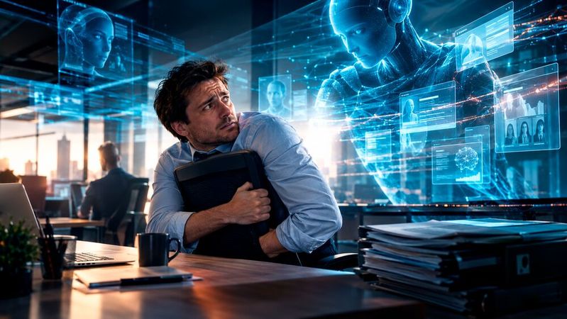 Jobhugging beschreibt das Phänomen, bei dem Arbeitnehmer aus Angst vor wirtschaftlicher Unsicherheit und Entlassungen starr an ihren aktuellen Stellen festhalten, selbst wenn sie dort unzufrieden sind. Agentic AI verstärkt das Phänomen aktuell.(Bild:  Dall-E / KI-generiert)