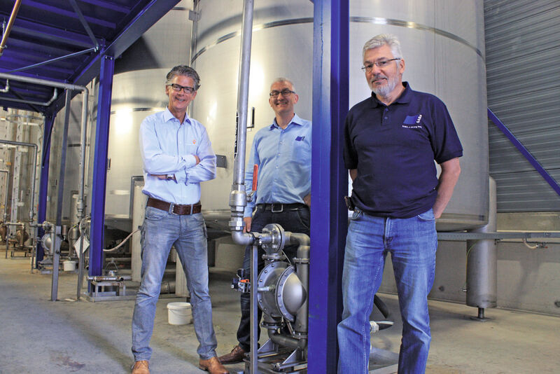 It was 20 years ago that Gerrit Klaassen, left, Commercial Director of Holland Air Pumps, recommended Wilden Air–Operated Double–Diaphragm (AODD) Pumps to Henk Blom, right, Saba Dinxperlo’s Manager Technical Service, for the company’s sealant–manufacturing operation. Since then, neither Blom nor Tonny Zaarbelink, center, Technical Manager Foam Bonding at Saba, have had any reason to regret the decision to choose Wilden. (Picture: Wilden)