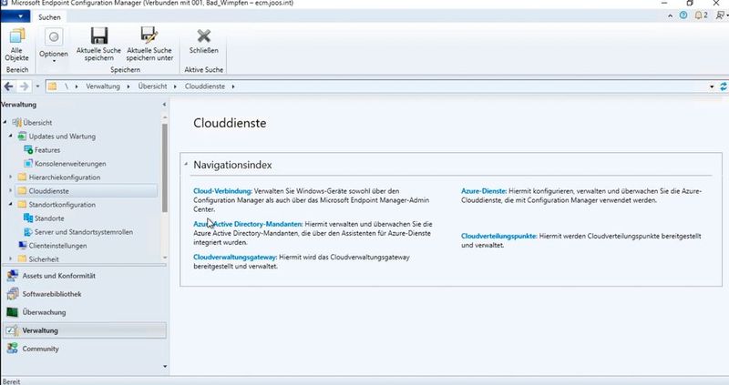 Über den Menüpunkt „Clouddienste“ stehen verschiedene Bereiche zur Verfügung, mit denen sich Einstellungen und die Anbindung an Endpoint Manager anpassen lassen. (Bild: Microsoft / Joos)