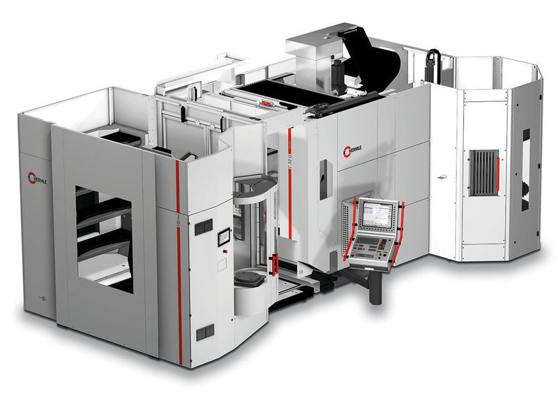 Handlingsystem HS flex mit einem Speichermodul adaptiert an ein 5-Achsen-­Bearbeitungszentrum  C 32.  (Hermle)