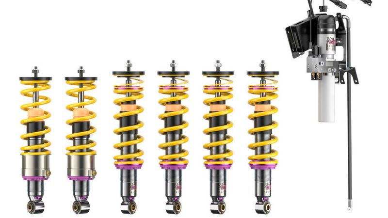 Hier das komplette KW-V3-Klassik-Fahrwerk für den Ferrari Testarossa samt Hydraulikeinheit für die vorderen Federbeine. Ach so: Warum es sechs Federbeine sind? (Bild: KW automotive)