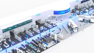 In Halle 9 zeigt Siemens auf rund 4000 Quadratmetern zahlreiche Erweiterungen seines Digital-Enterprise-Angebots für die digitale Transformation der Fertigungs- und Prozessindustrie.  (Bild: Siemens)