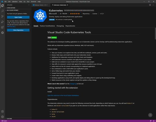 Ein quelloffener Werkzeugkasten: Kubernetes Tools für VS Code erweitert die IDE um eine Sammlung nützlicher Tools für Kubernetes-Bereitstellungen, hier in der Version 1.2.1 in VS Code 1.5.1 unter Windows 10 Pro (Version 20H2).(Bild:  Martins, Kobylinska / Microsoft)