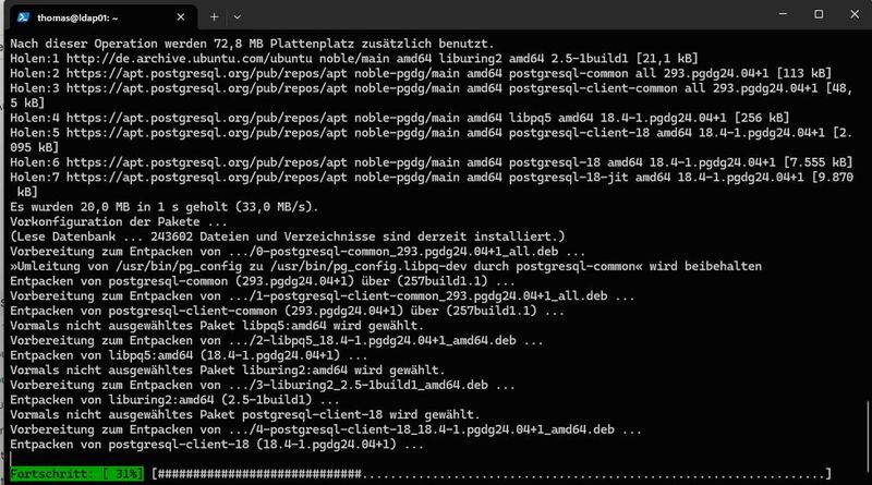 Das Terminal zeigt den Download und das Entpacken der PostgreSQL-18-Pakete aus dem PGDG-Repository für Ubuntu 24.04. (Bild: Joos)