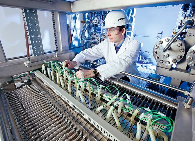 Siemens-Ingenieure haben einen Elektrolyseur entwickelt, der mit Protonen leitenden Membranen arbeitet. Er reagiert binnen Millisekunden auf den zur Verfügung stehenden Strom.  (Siemens)