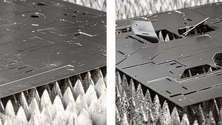 Links: Perfektes Schneidergebnis mit der zuvor angewandten Softwarefunktion TiltPrevention, rechts aufstehende Blechteile nach dem Laserschneiden ohne Simulation mit der Funktion TiltPrevention. (Bystrionic)