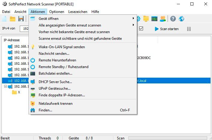 Über den Menüpunkt „Aktionen“ lassen sich erweiterte Suchen durchführen, zum Beispiel DHCP-Server oder UPnP-Geräte. (Bild: SoftPerfect / Joos)