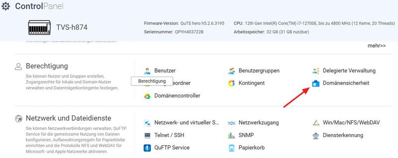 Im Bereich „Domänensicherheit“ kann ein QNAP-NAS in eine AD-Domäne aufgenommen werden.  (Bild: Joos | QNAP)