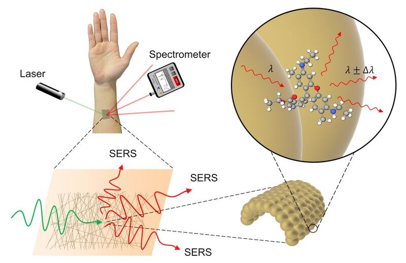 SERS, or surface enhanced Raman spectroscopy, is a method of detecting the presence of a chemical indirectly by using laser light and a specialized sensor. The gold mesh provides an ideal surface for taking measurements as it does not interfere with the substance being measured. 