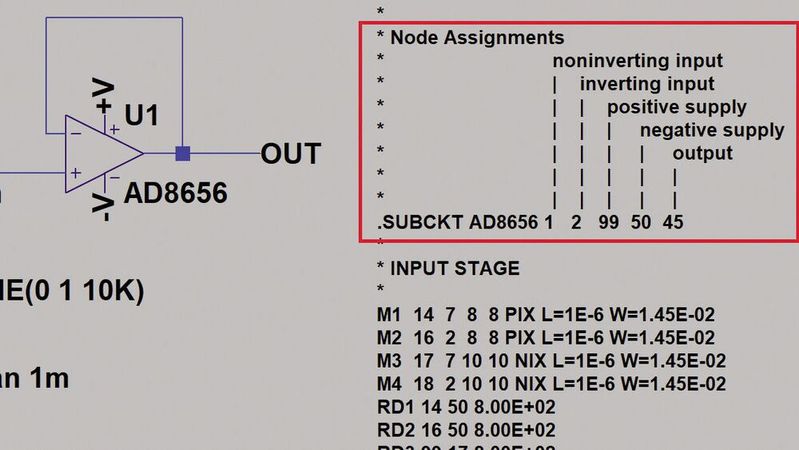 Bild 3: OPV-Modell mit Pinbelegung und Beschreibungen.(Bild:  ADI)