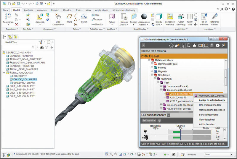 Die Granta-Lösung MI: Materials Gateway ermöglicht den Zugriff und die  Anwendung von Werkstoffdaten auch innerhalb von CAD-, CAE- und PLM-Software. Das Bild zeigt die Anwendung in der Software Creo von PTC. (Bild: Granta Design)
