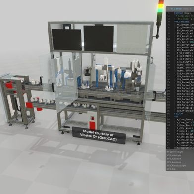 Die Laserschweiß-Montagestation in Realvirtual: Das Maschinenmodell, der SPS-Editor mit Structured-Text-Programm und das Bedienpanel sind gemeinsam im Browser geöffnet. (Bild: Realvirtual)