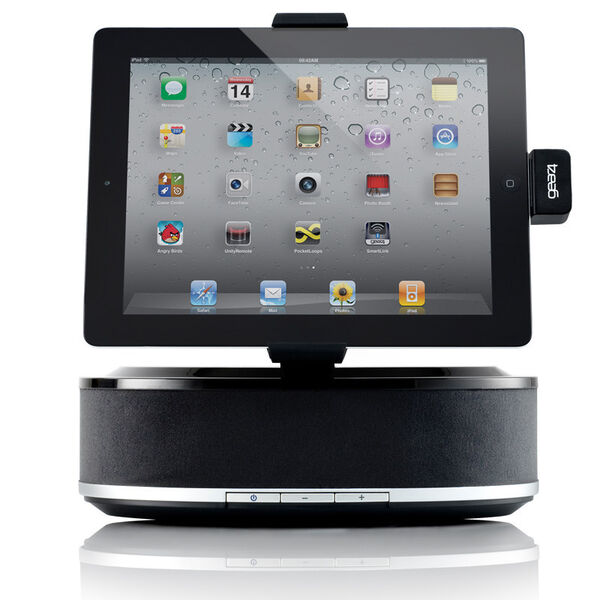 Der Stereo-Lautsprecher HouseParty Viewwurde von Gear4 speziell für das iPad konzipiert. Durch die dreh- und neigbare Halterung hat der Anwender das Apple-Device immer im Blick. (Gear4)