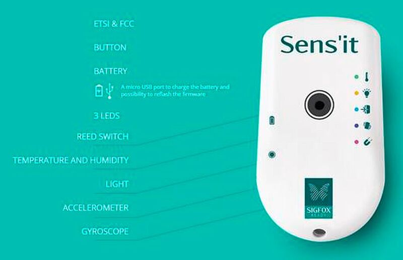 Sens’it von Sigfox enthält sechs Sensoren, darunter einen Temperatur- und Feuchtigkeitssensor ein Gyrometer und einen Beschleunigungssensor.  (Bild: Sigfox / Conrad)