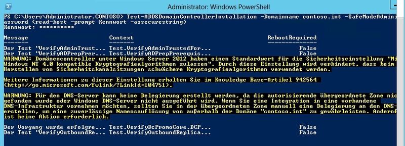 Abbildung 12: Damit Administratoren PowerShell-Befehle ausführen können, müssen sie an verschiedenen Stellen noch Kennwörter eingeben. Diese akzeptiert das entsprechende Cmdlet aber nur als sichere Eingabe. Ein Beispiel für den Befehl ist: „Test-ADDSDomainControllerInstallation -Domainname  -SafeModeAdministratorPassword (read-host –prompt Kennwort -assecurestring)“. (Bild: Joos)