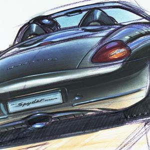 In vier Jahren von der Vision zur Serie: Frühe Porsche Boxster (986) Designskizze aus dem Jahr 1992.(Bild:  Porsche)