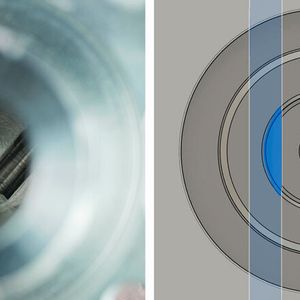 Linker Ausbruch auf der Bodenfläche: eine Tieflochbohrung schneidet halboffen die Bodenfläche. Diese wird mit dem HSD-Entgratwerkzeug durch die Tieflochbohrung  prozesssicher entgratet. (Bild:  Kempf)